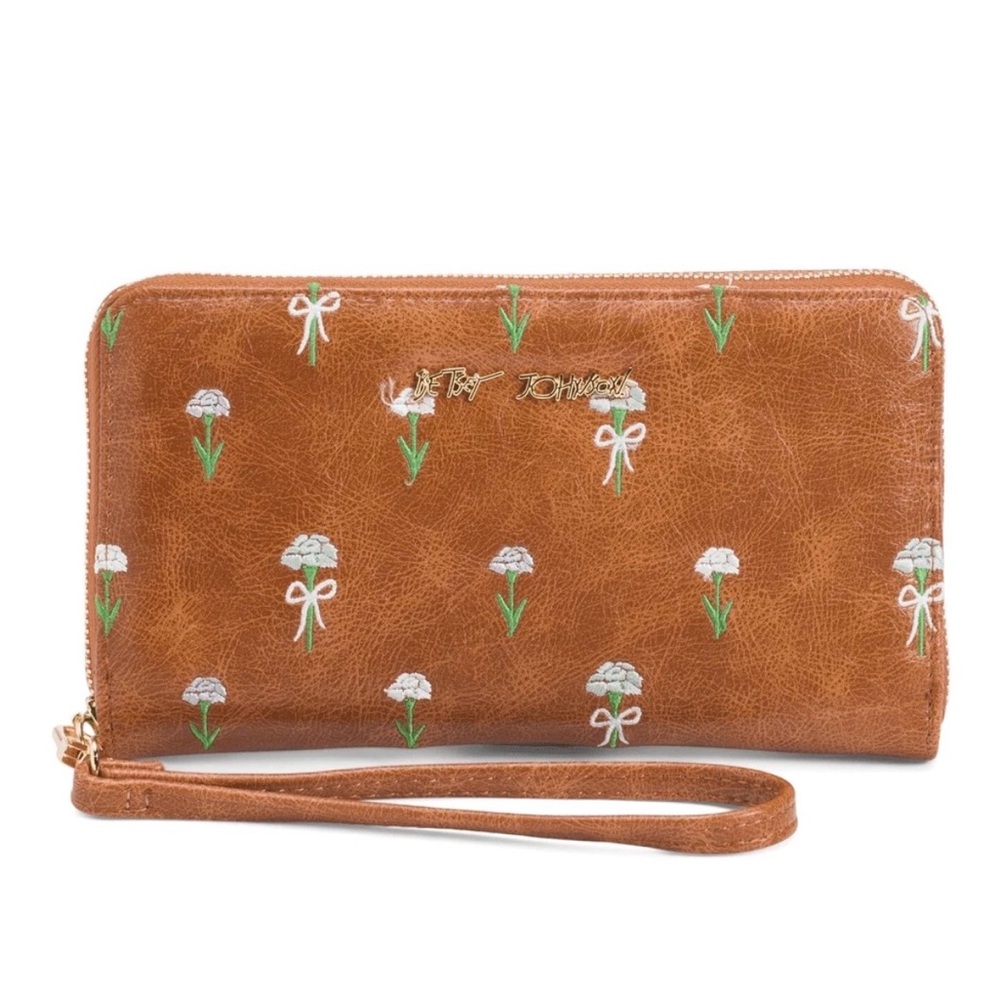 Betsey Johnson Embroidered Floral Brown Zip Around Wallet with Strap